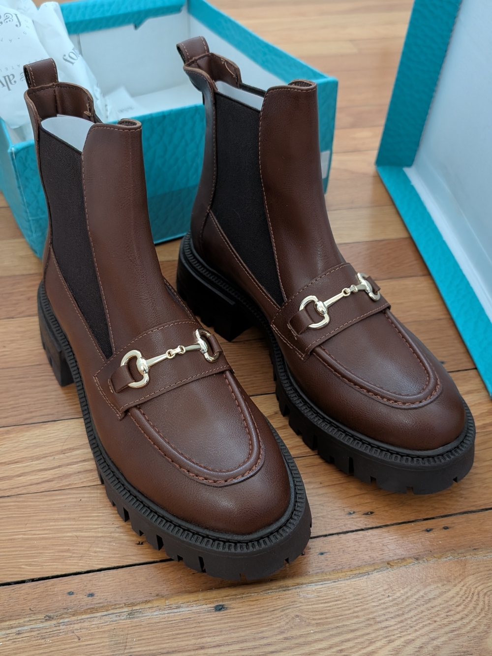 Women's Brown Leather Chelsea Lug Loafers with Gold Bit Detail